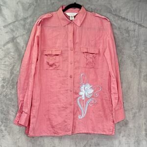 Allison Taylor Linen Silk Trim Pink Button‎ Down Embroidery Long Sleeve Blouse M